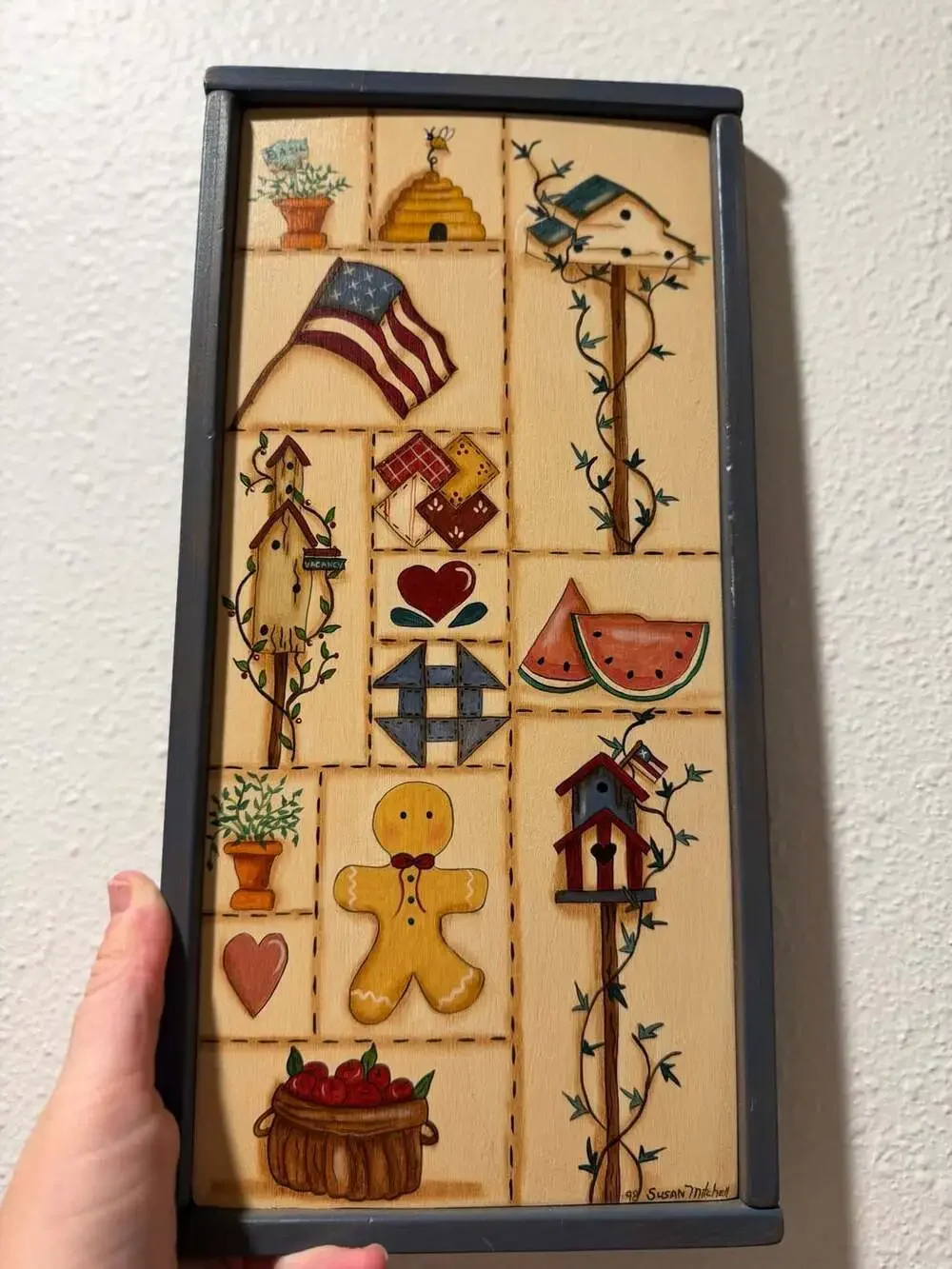 Susan Mitchell Signed Hand Painted Primitive Folk Art Wooden Wall Plaque